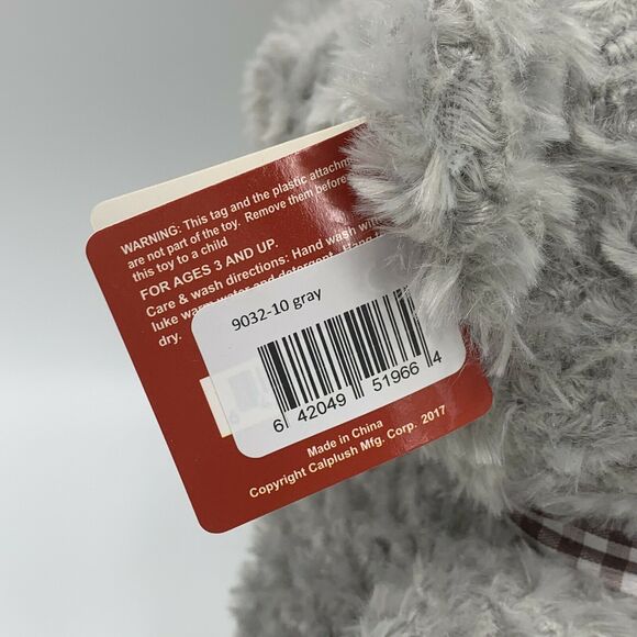 Calplush Gray Bear Plush Stuffed Bear Brown Gingham Bow Paw with Tag - Picture 5 of 8